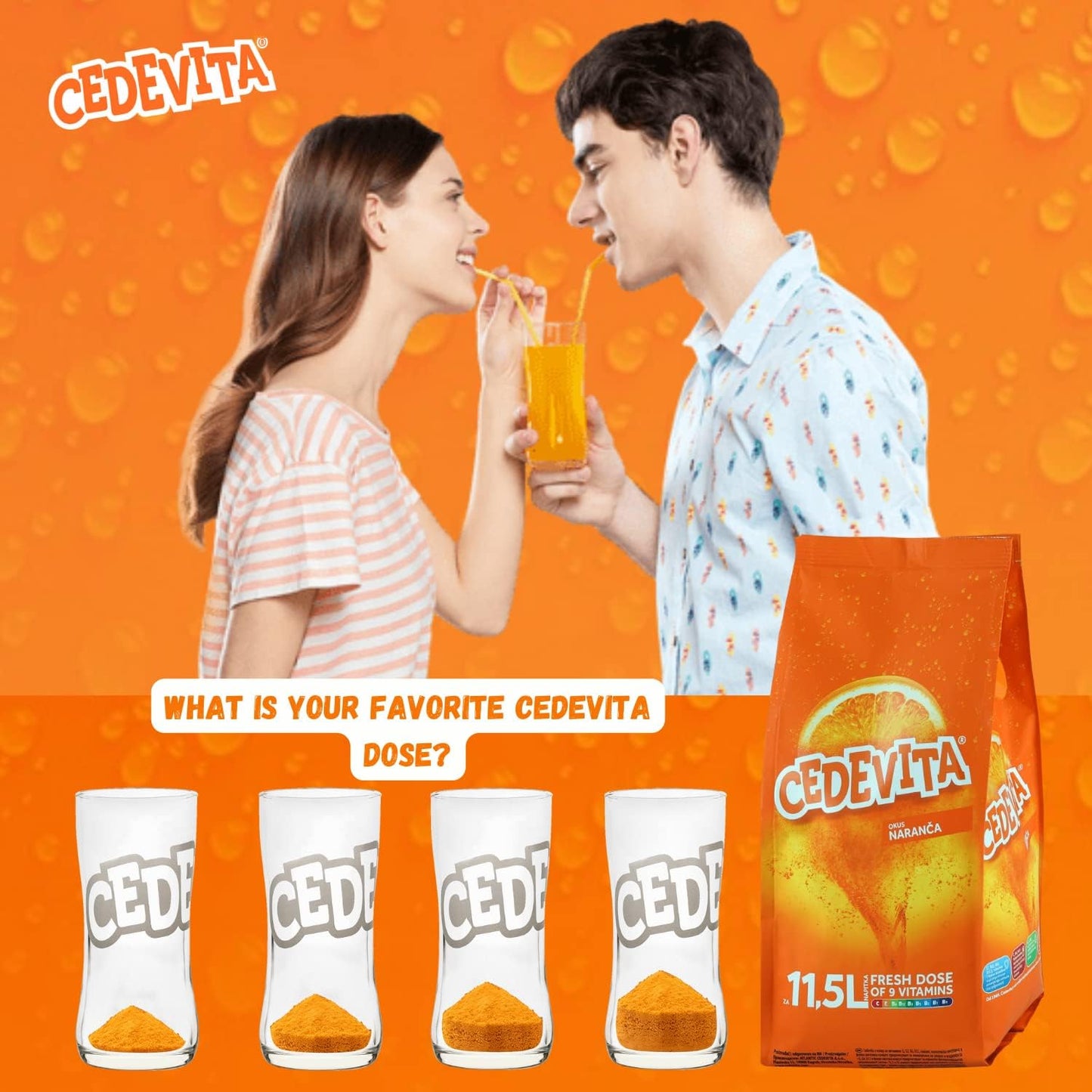 Cedevita Orange – 9-Vitamin Effervescent Drink Powder – Alcohol-Free – Makes 11.5 Liters of juice